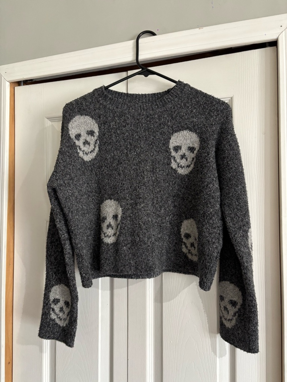 NOBO Dark Gray Crewneck Sweater with Light Gray Skull Motif